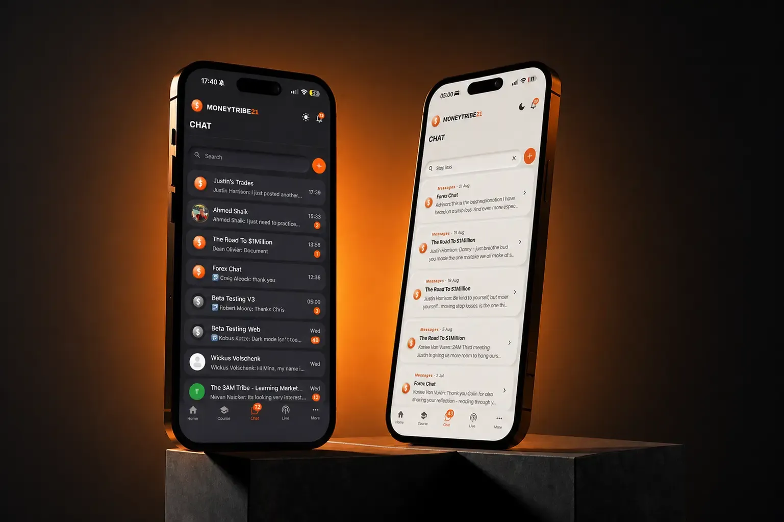 MoneyTribe21 community chat screens in light and dark mode