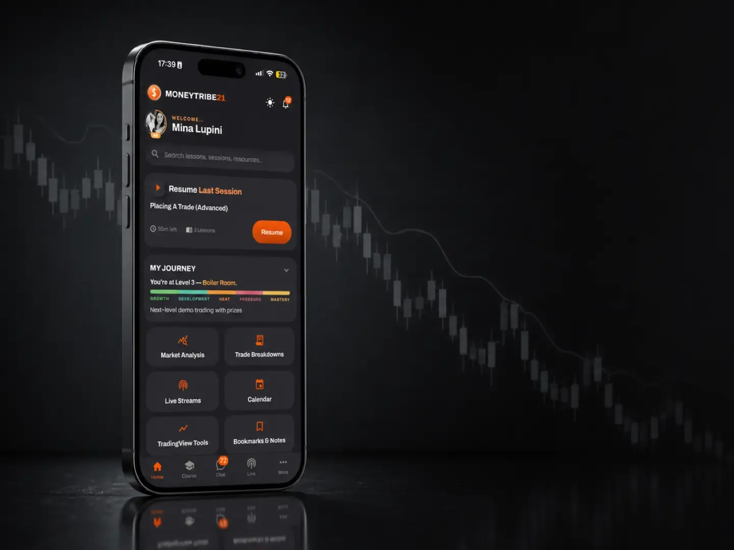 The MoneyTribe21 app home screen on a phone