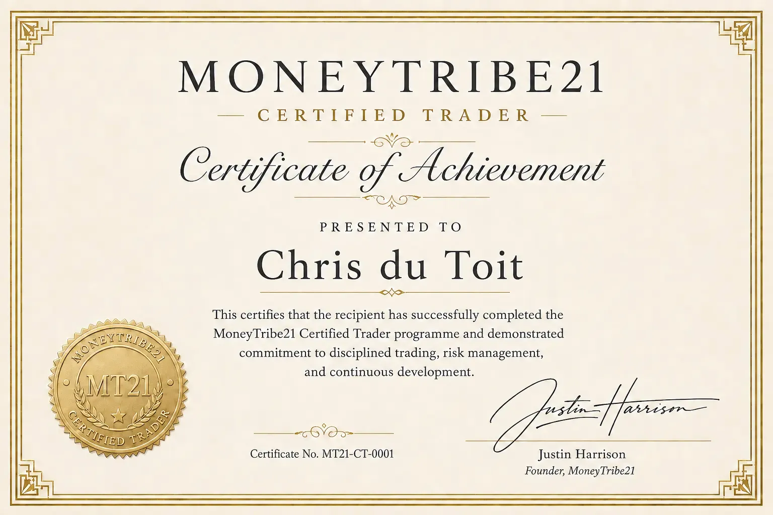 MoneyTribe21 Certified Trader certificate of achievement